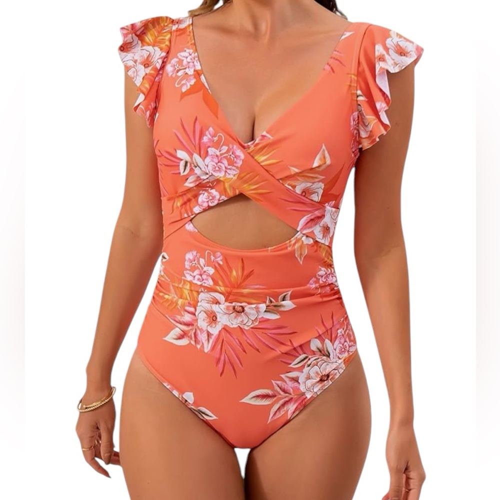 B2PRITY women’s coral floral one piece high waist cut out swimsuit size M NWT